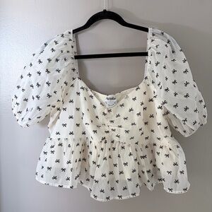 ARULA | White Black Bow Print Coquette Puff Sleeve Peplum Blouse Size X